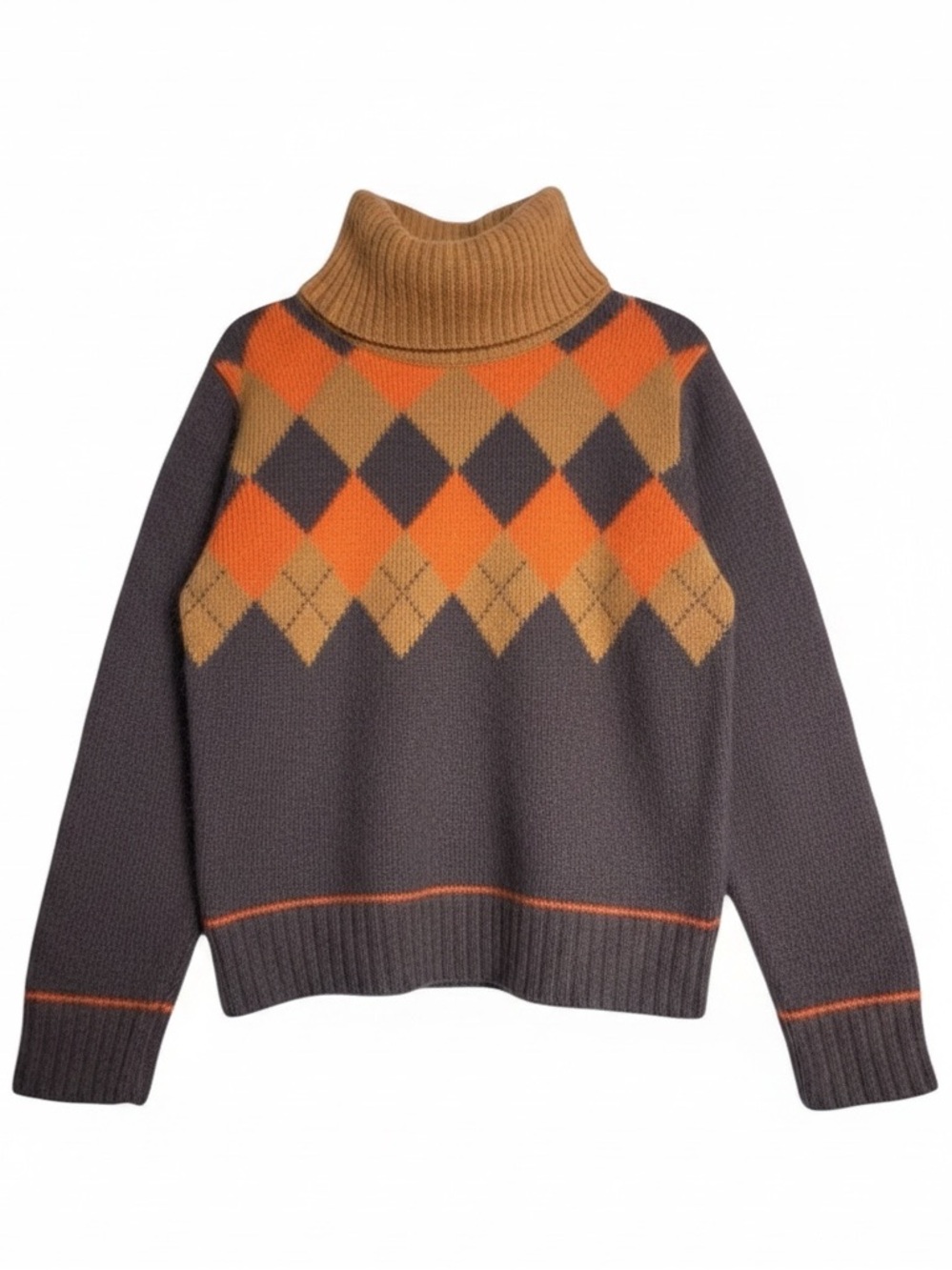 Vintage Rafaella Lambswool Angora Argyle Cowl Neck Sweater Brown Orange M